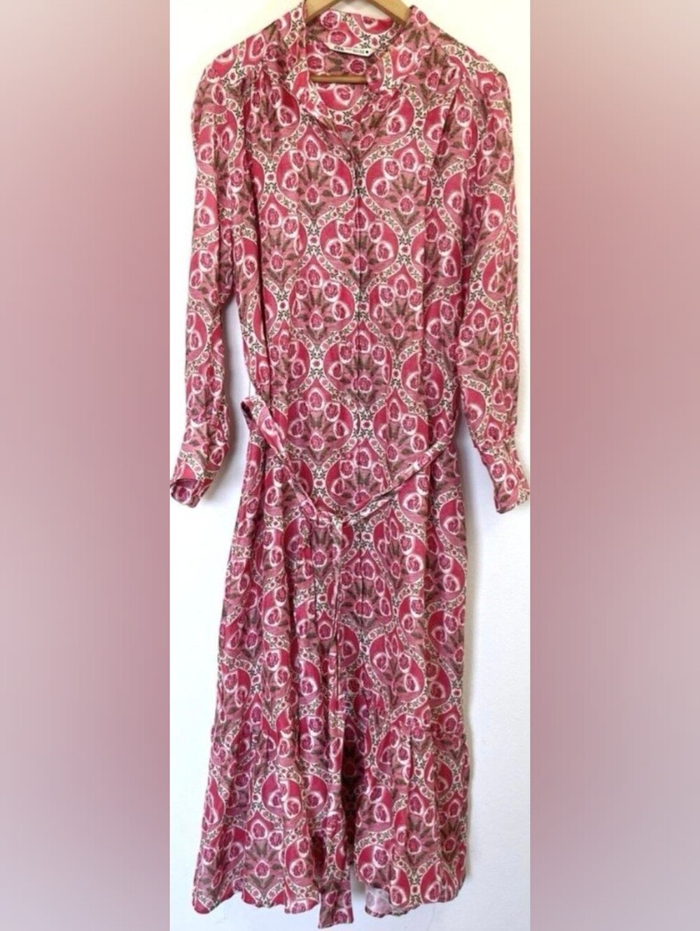 Zara Floral Pink Long-Sleeve Wrap Midi Dress